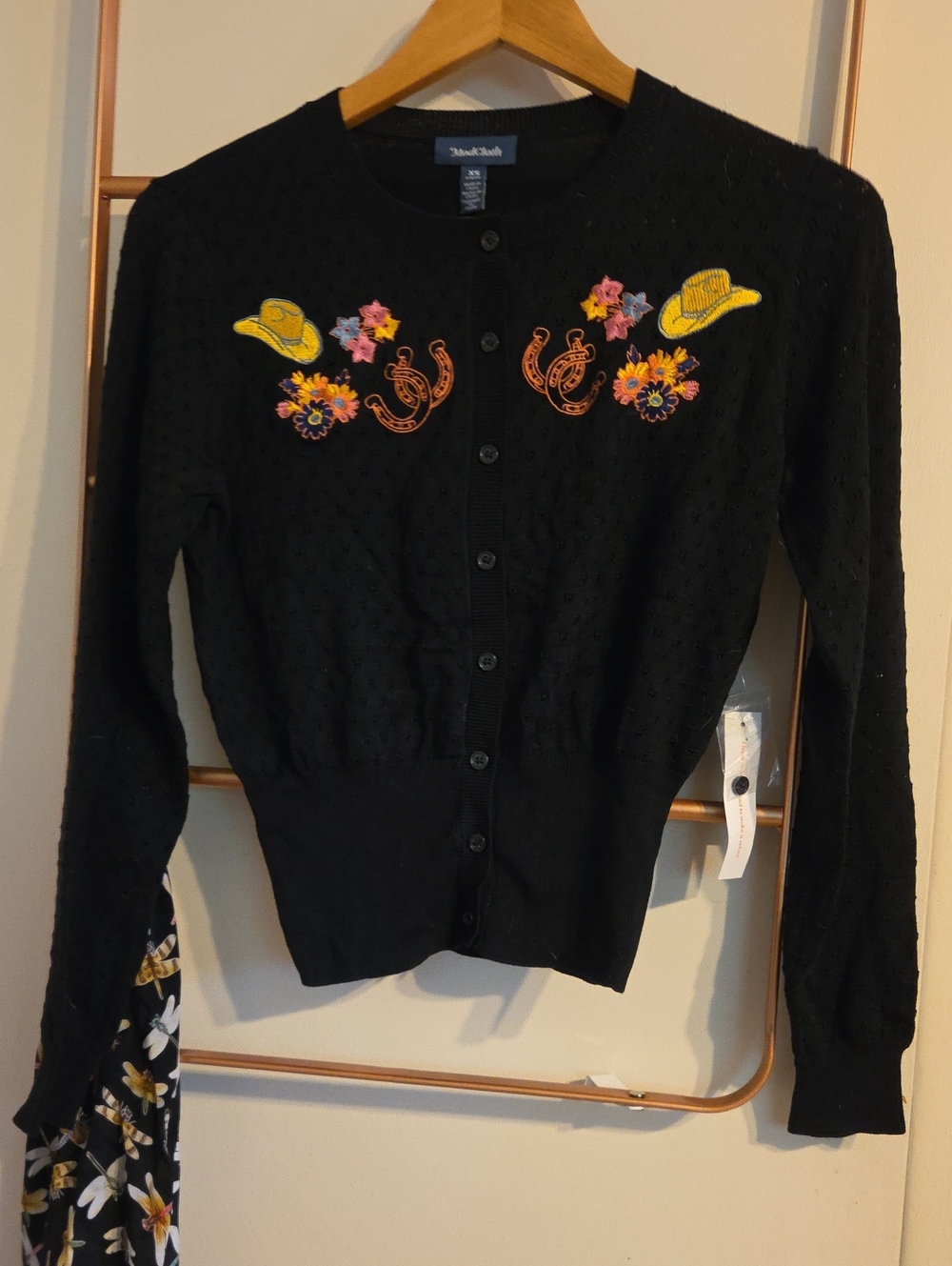 Modcloth Black Embroidered Cardigan Sweater with Floral & Western Motifs